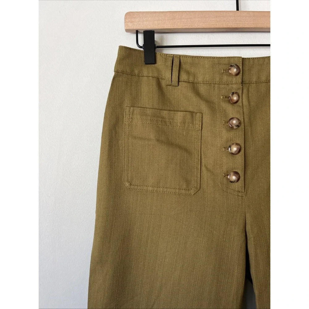 Sezane Button Front Chuck Trouser Pants Size 38 Cotton Linen Olive Green